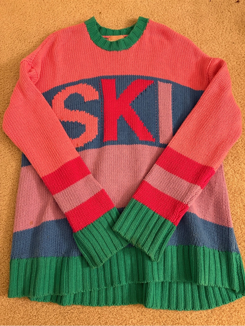 Show Me Your MuMu Colorblock 'SKI' Crewneck Sweater - Green, Pink & Blue